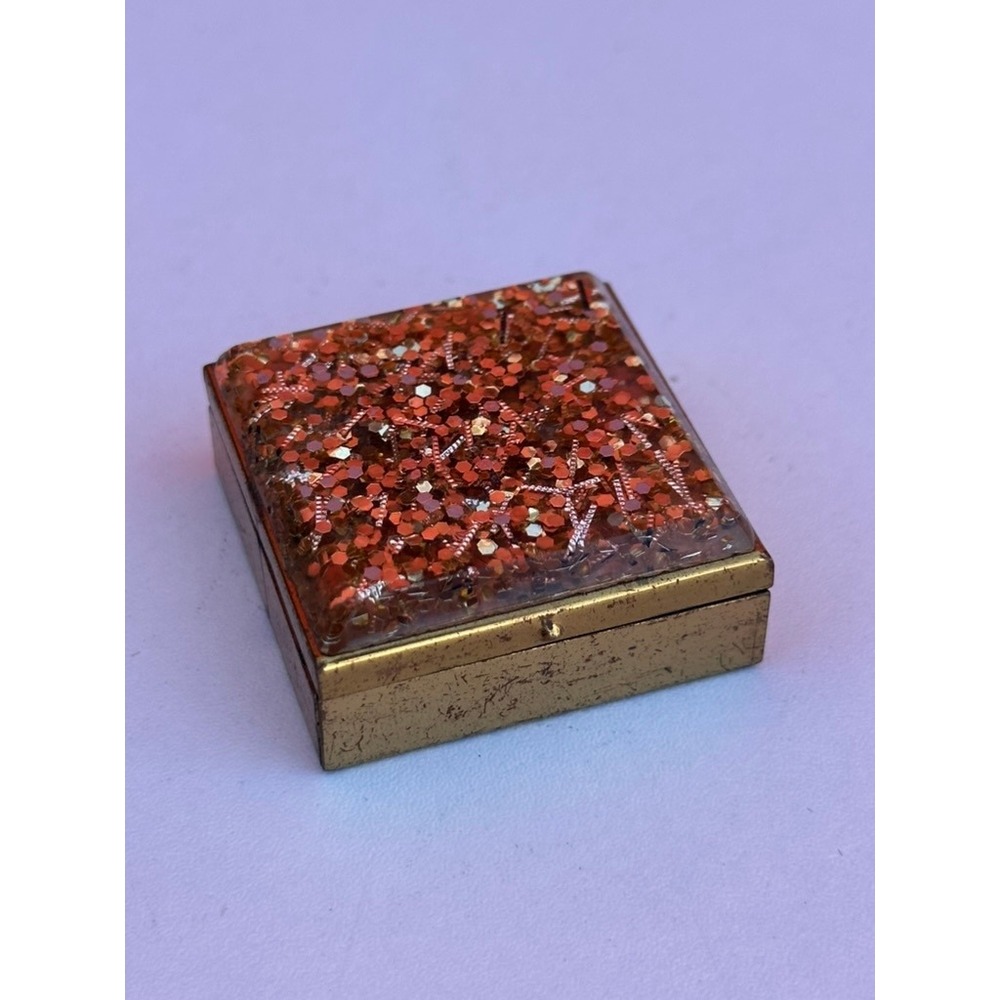 Vintage Mascot ASB Pill Box Gold Tone Glitter Resin Mirror Compact Case